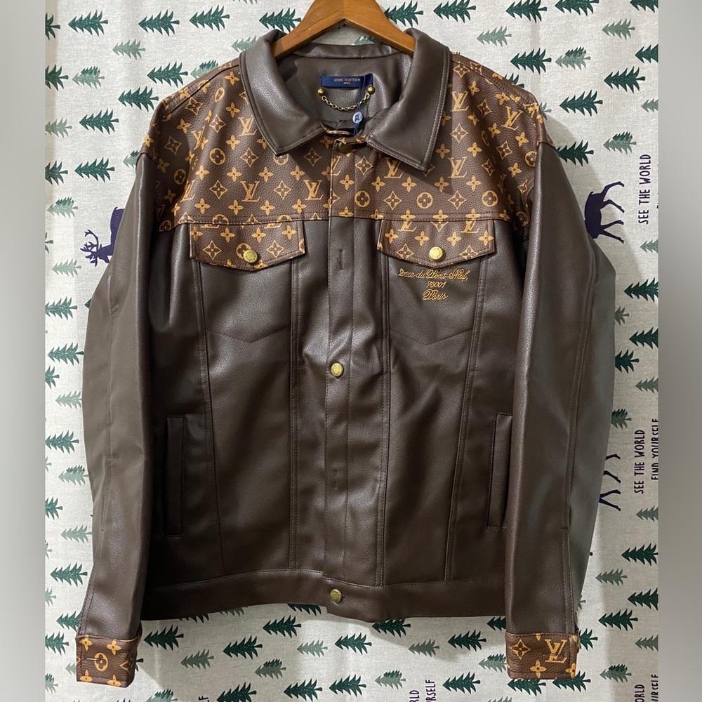 Louis Vuitton Brown Monogram Panel Leather Bomber Jacket